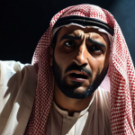 ** A determined Arab theater actor on stage, bathed in dramatic lighting, embodying a tragic character. Focus on conveying deep emotion and vulnerability.

**