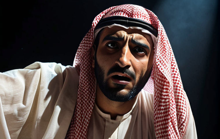 ** A determined Arab theater actor on stage, bathed in dramatic lighting, embodying a tragic character. Focus on conveying deep emotion and vulnerability.

**