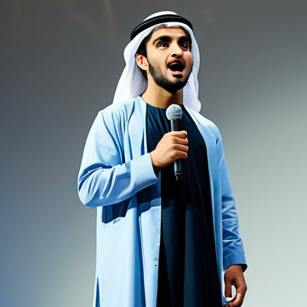 연극배우의 글로벌 무대 도전기 - "A young, fully clothed Arab actor on a brightly lit stage, reciting lines with passion, modest clot...
