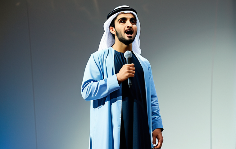 연극배우의 글로벌 무대 도전기 - "A young, fully clothed Arab actor on a brightly lit stage, reciting lines with passion, modest clot...