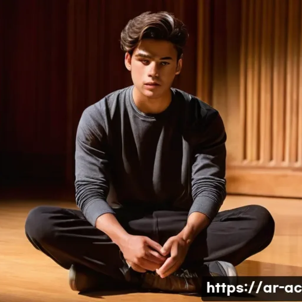 연극배우의 무대 리스크 관리 - **Prompt:** A young male actor, in his late 20s, with a focused and determined expression, is seated...