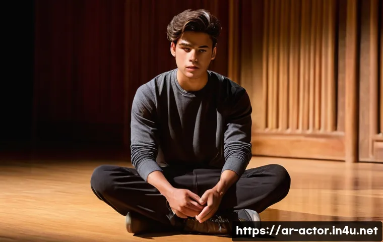 연극배우의 무대 리스크 관리 - **Prompt:** A young male actor, in his late 20s, with a focused and determined expression, is seated...