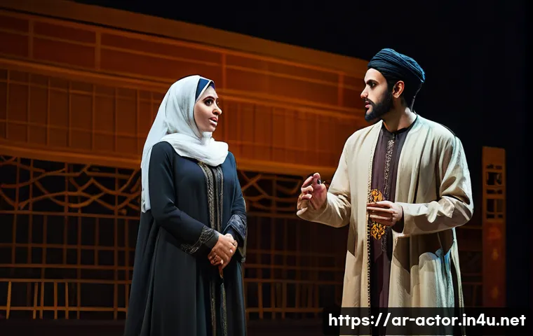 연극배우와 창작 연극 발전 - A contemporary Arab theater stage scene showing a male and female actor in stylish modern modest cos...