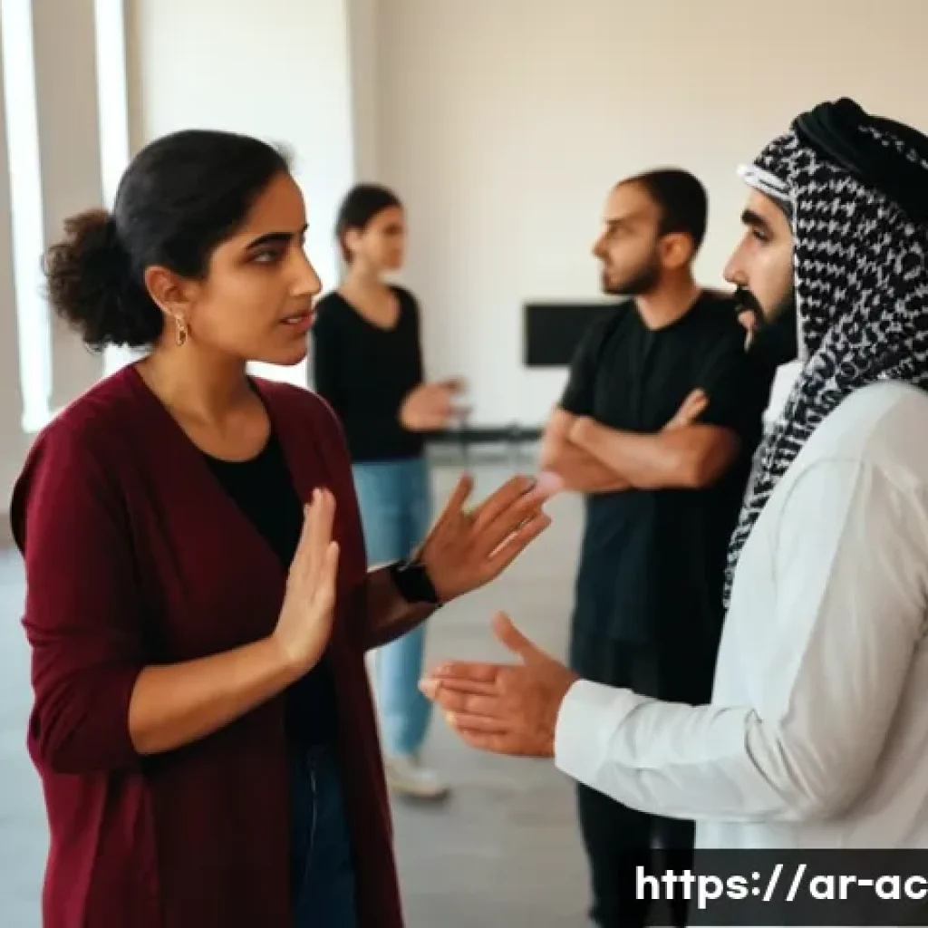 연극배우의 초보자를 위한 가이드 - A diverse group of Middle Eastern actors participating in an interactive acting workshop in a modern...