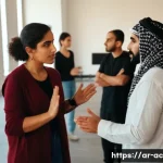 연극배우의 초보자를 위한 가이드 - A diverse group of Middle Eastern actors participating in an interactive acting workshop in a modern...