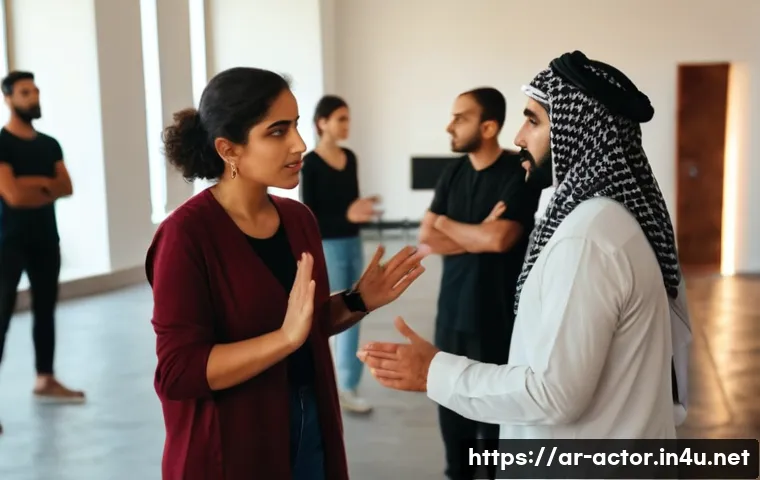 연극배우의 초보자를 위한 가이드 - A diverse group of Middle Eastern actors participating in an interactive acting workshop in a modern...