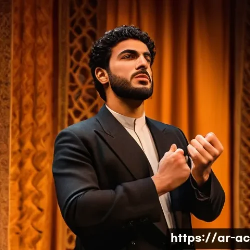 연극배우와 관객과의 소통 - A Middle Eastern theatrical stage scene featuring a male actor in traditional modest attire with exp...