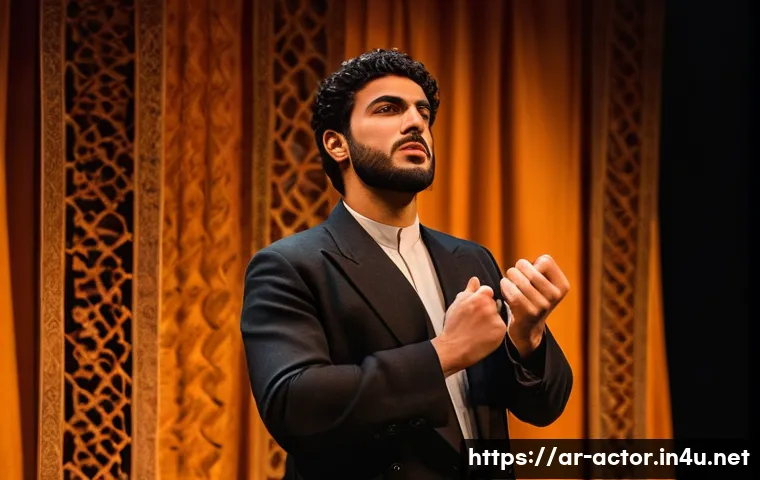 연극배우와 관객과의 소통 - A Middle Eastern theatrical stage scene featuring a male actor in traditional modest attire with exp...