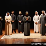 연극배우의 리허설에서 배우는 법 - A diverse group of Arab actors in traditional and modern rehearsal attire practicing on a stage with...