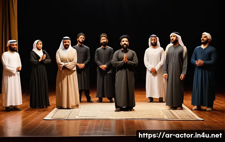 연극배우의 리허설에서 배우는 법 - A diverse group of Arab actors in traditional and modern rehearsal attire practicing on a stage with...