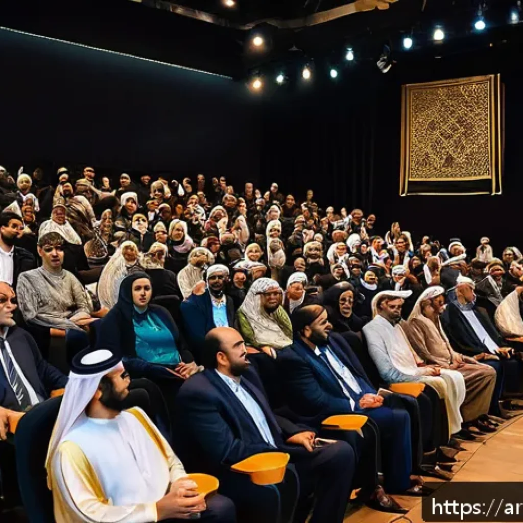 연극배우의 관객 반응 분석 - A lively Arabic theater audience seated in a modern indoor venue with warm, dim lighting and clear, ...