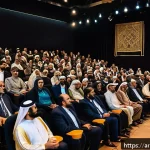 연극배우의 관객 반응 분석 - A lively Arabic theater audience seated in a modern indoor venue with warm, dim lighting and clear, ...