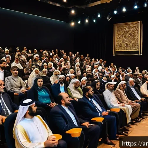 연극배우의 관객 반응 분석 - A lively Arabic theater audience seated in a modern indoor venue with warm, dim lighting and clear, ...