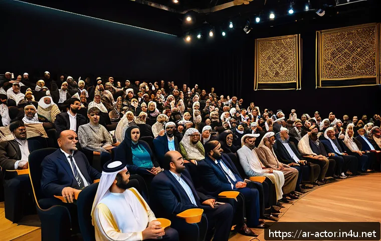 연극배우의 관객 반응 분석 - A lively Arabic theater audience seated in a modern indoor venue with warm, dim lighting and clear, ...