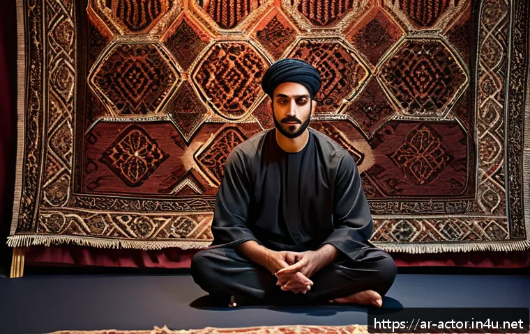연극배우의 공연 전 루틴 - A focused Arab male actor preparing backstage for a theatrical performance, practicing deep breathin...