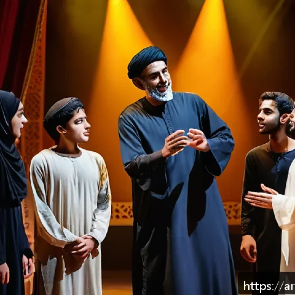 연극배우의 후진 양성 활동 - A seasoned Arab theater star mentoring a group of enthusiastic young actors during an intensive rehe...