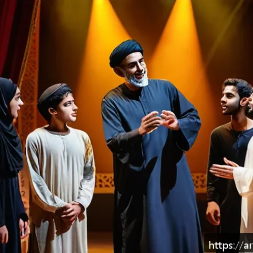 연극배우의 후진 양성 활동 - A seasoned Arab theater star mentoring a group of enthusiastic young actors during an intensive rehe...