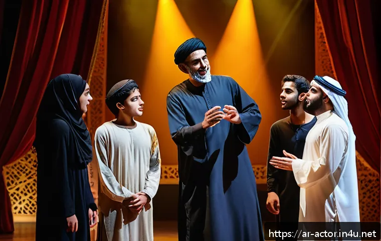 연극배우의 후진 양성 활동 - A seasoned Arab theater star mentoring a group of enthusiastic young actors during an intensive rehe...