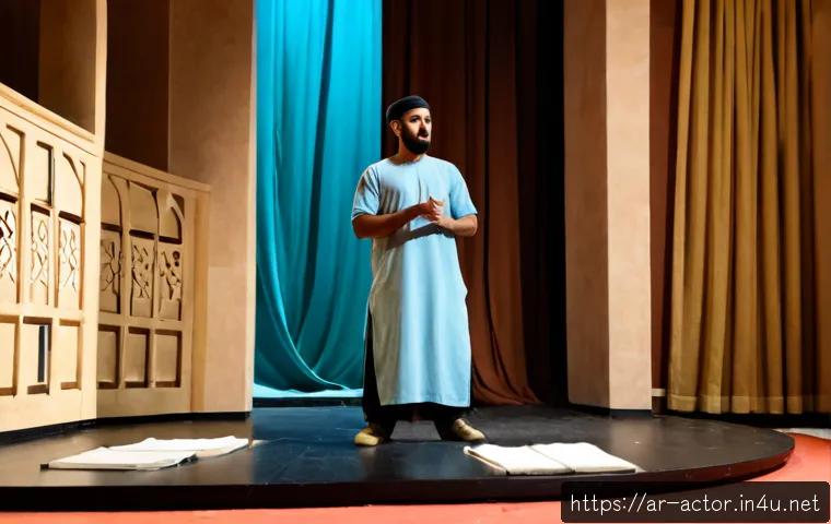 연극배우의 장기 공연 준비법 - Photorealistic backstage rehearsal scene for a long-running theatre production, Arab male stage acto...