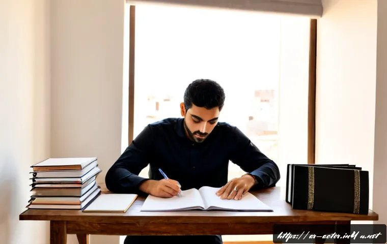 연극배우 포트폴리오 작성법 - Photorealistic Arab theatre actor assembling a professional portfolio at a tidy wooden desk, careful...
