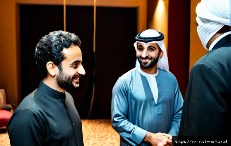 연극배우로서의 인맥 관리 - Photorealistic Arab theater actor warmly networking with a small group of fellow performers and a di...