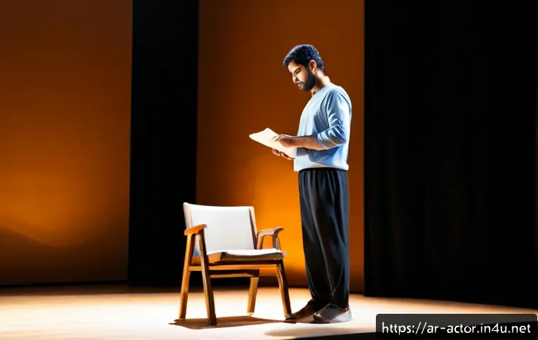 연극배우 연봉 수준 - Photorealistic Middle Eastern theater actor in modest contemporary rehearsal clothing standing alone...